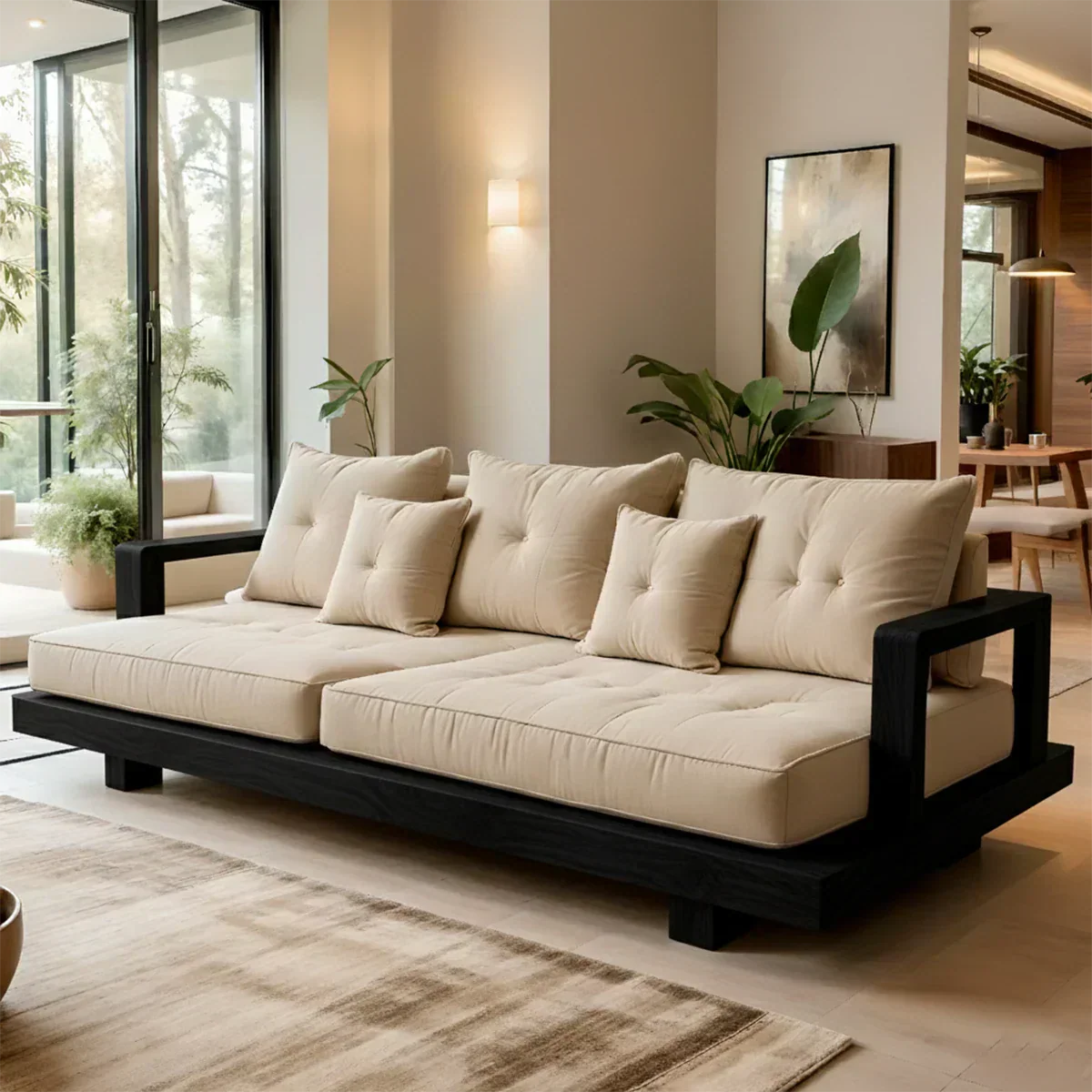 Solid Wood Sofa – Japandi Cotton Plush Serenity - Rustiracraft 