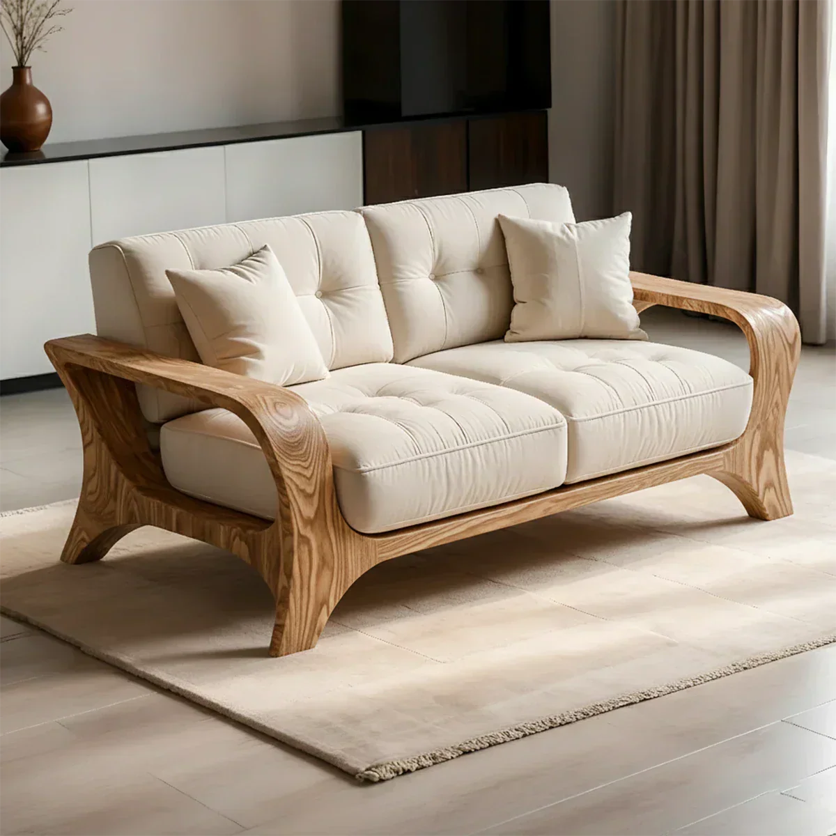 Solid Wood Sofa – Mid Century Curved Elegance Reborn - Rustiracraft 