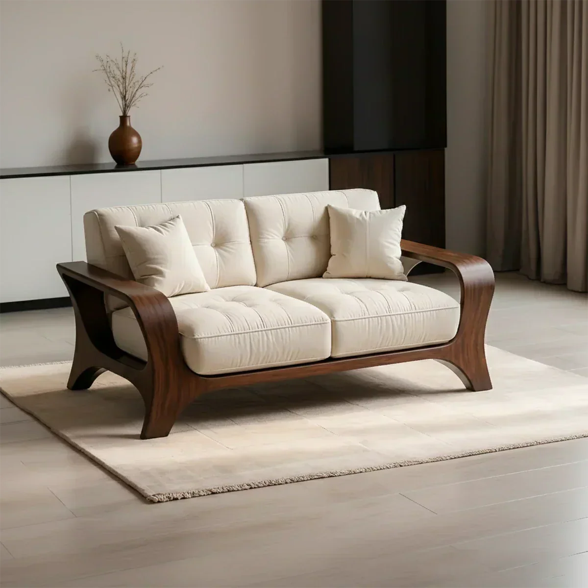 Solid Wood Sofa – Mid Century Curved Elegance Reborn - Rustiracraft
