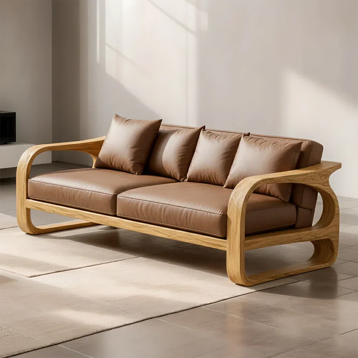 Solid Wood Sofa – Modern Leather Elegance - Rustiracraft 