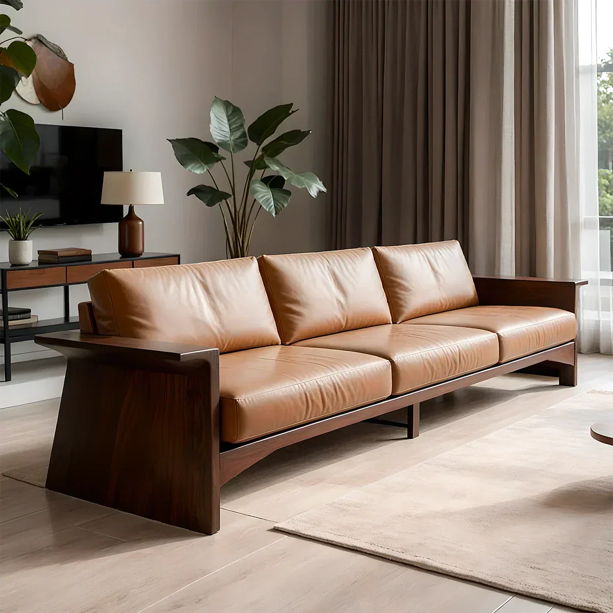 Solid Wood Sofa – Modern Warm Leather Harmony - Rustiracraft 