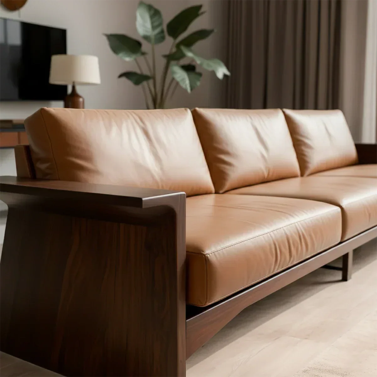 Solid Wood Sofa – Modern Warm Leather Harmony - Rustiracraft 