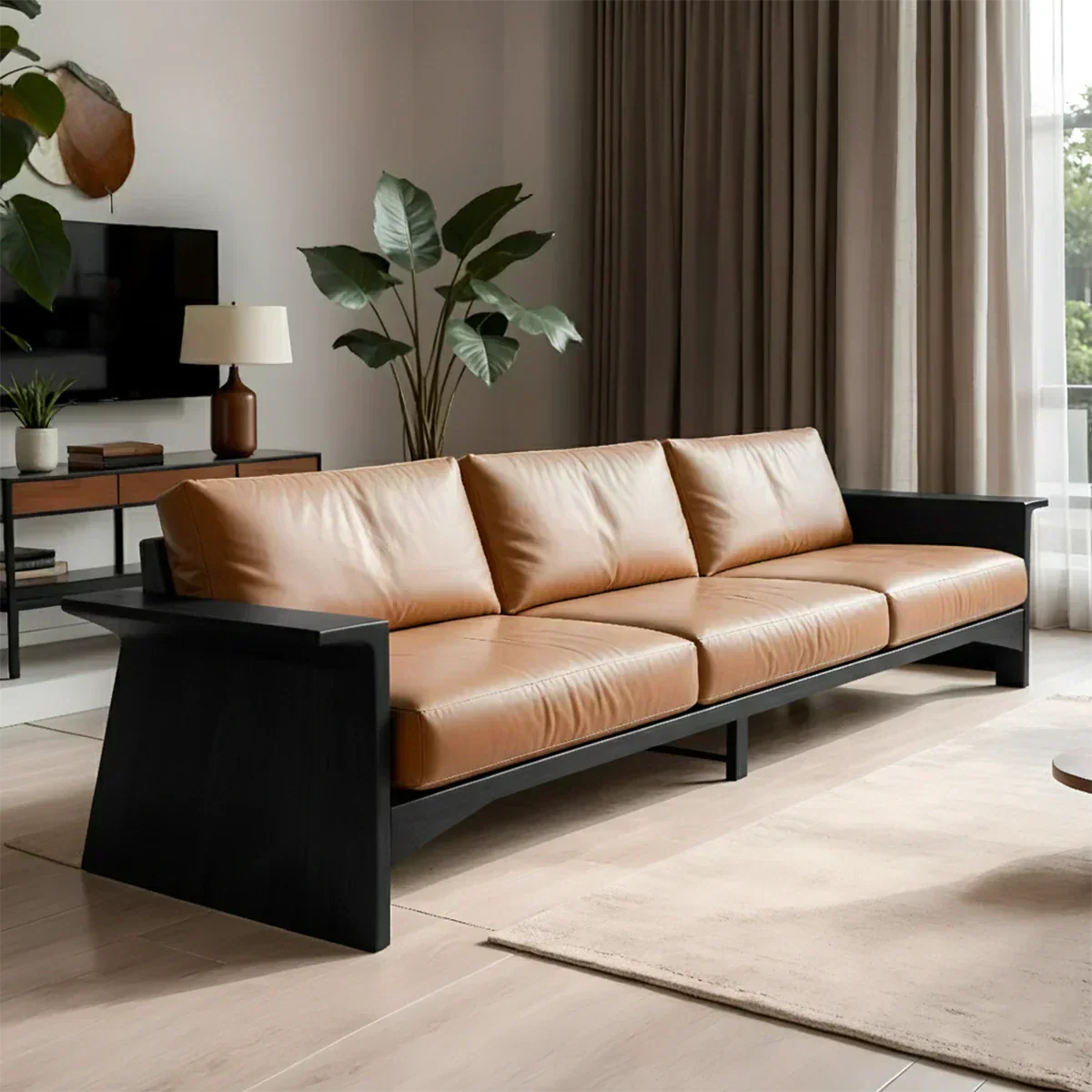 Solid Wood Sofa – Modern Warm Leather Harmony - Rustiracraft 
