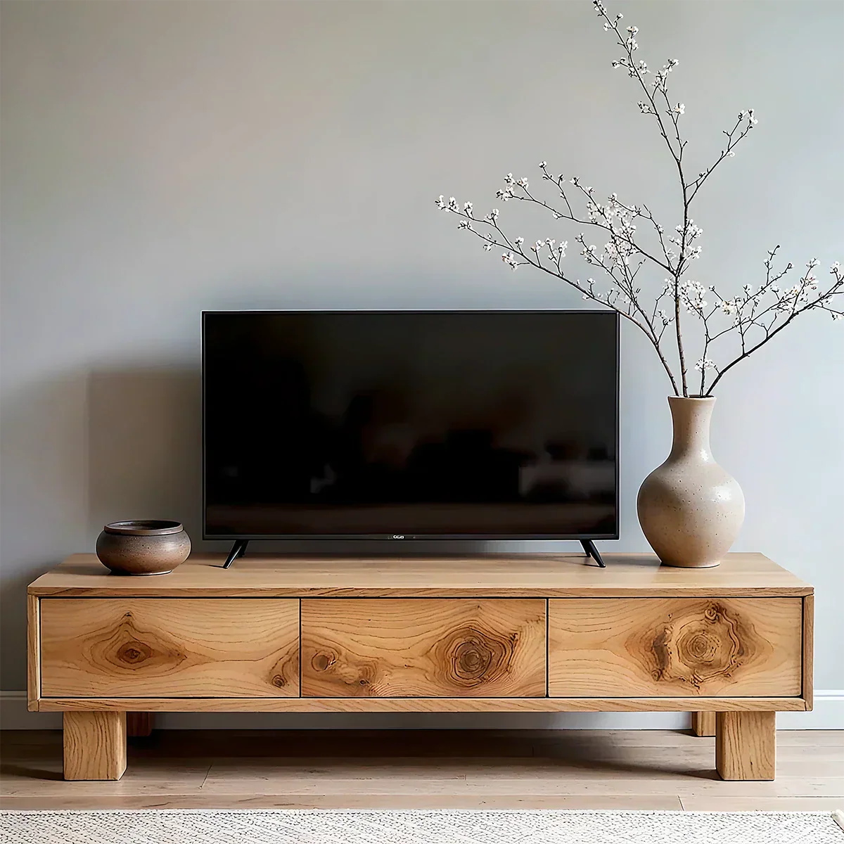 Solid Wood TV Stand – Minimalist Wabi Sabi Media Console with Natural Finish - Rustiracraft 