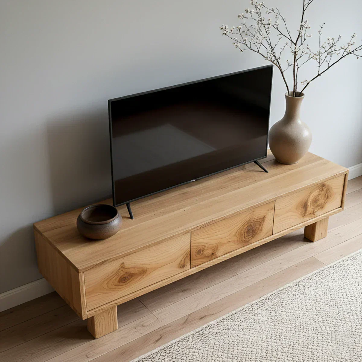 Solid Wood TV Stand – Minimalist Wabi Sabi Media Console with Natural Finish - Rustiracraft 