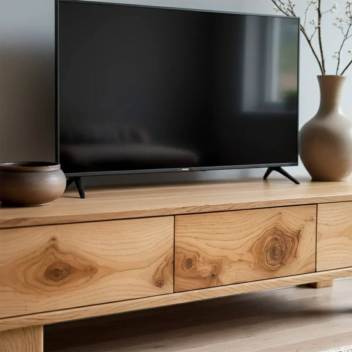 Solid Wood TV Stand – Minimalist Wabi Sabi Media Console with Natural Finish - Rustiracraft 