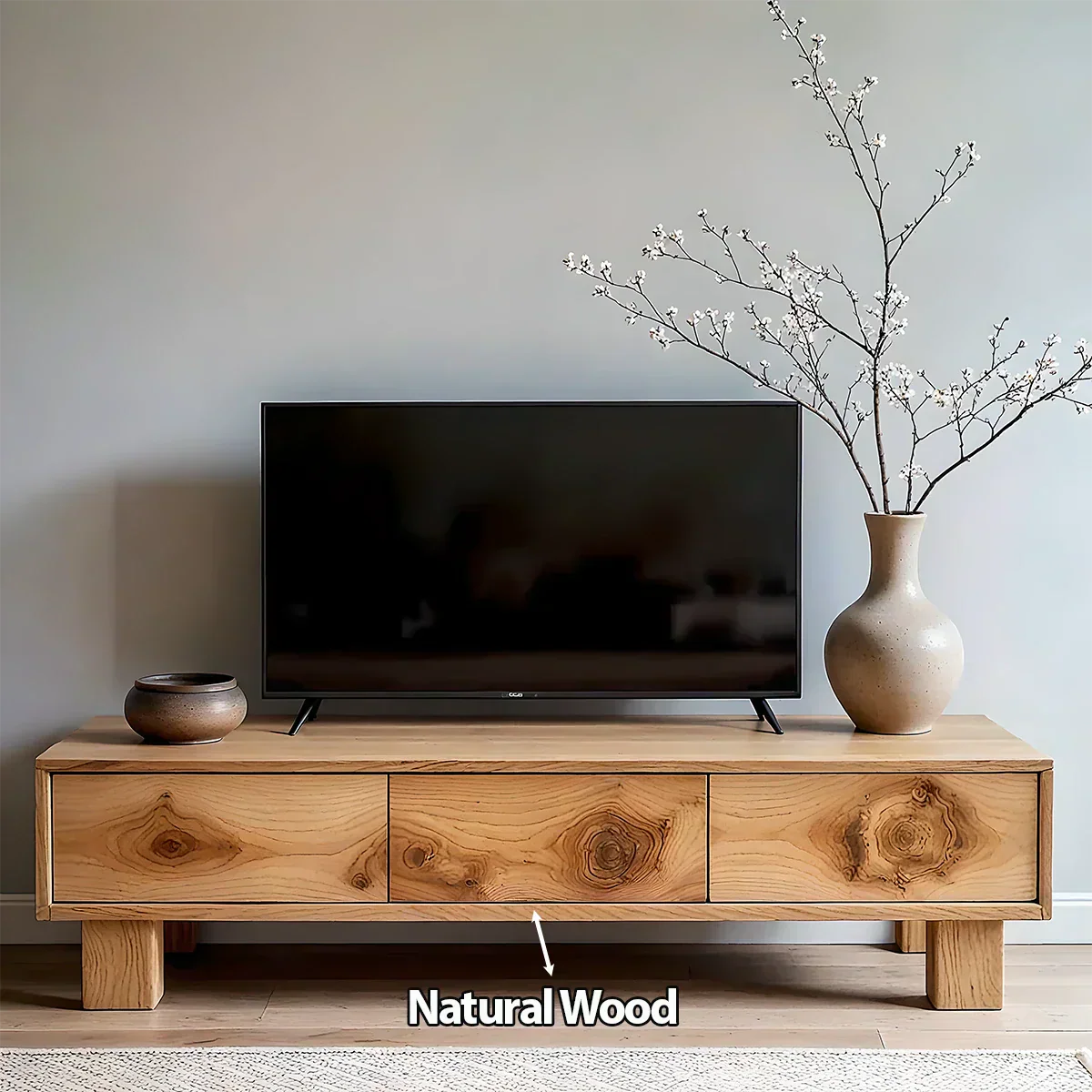 Solid Wood TV Stand – Minimalist Wabi Sabi Media Console with Natural Finish - Rustiracraft 