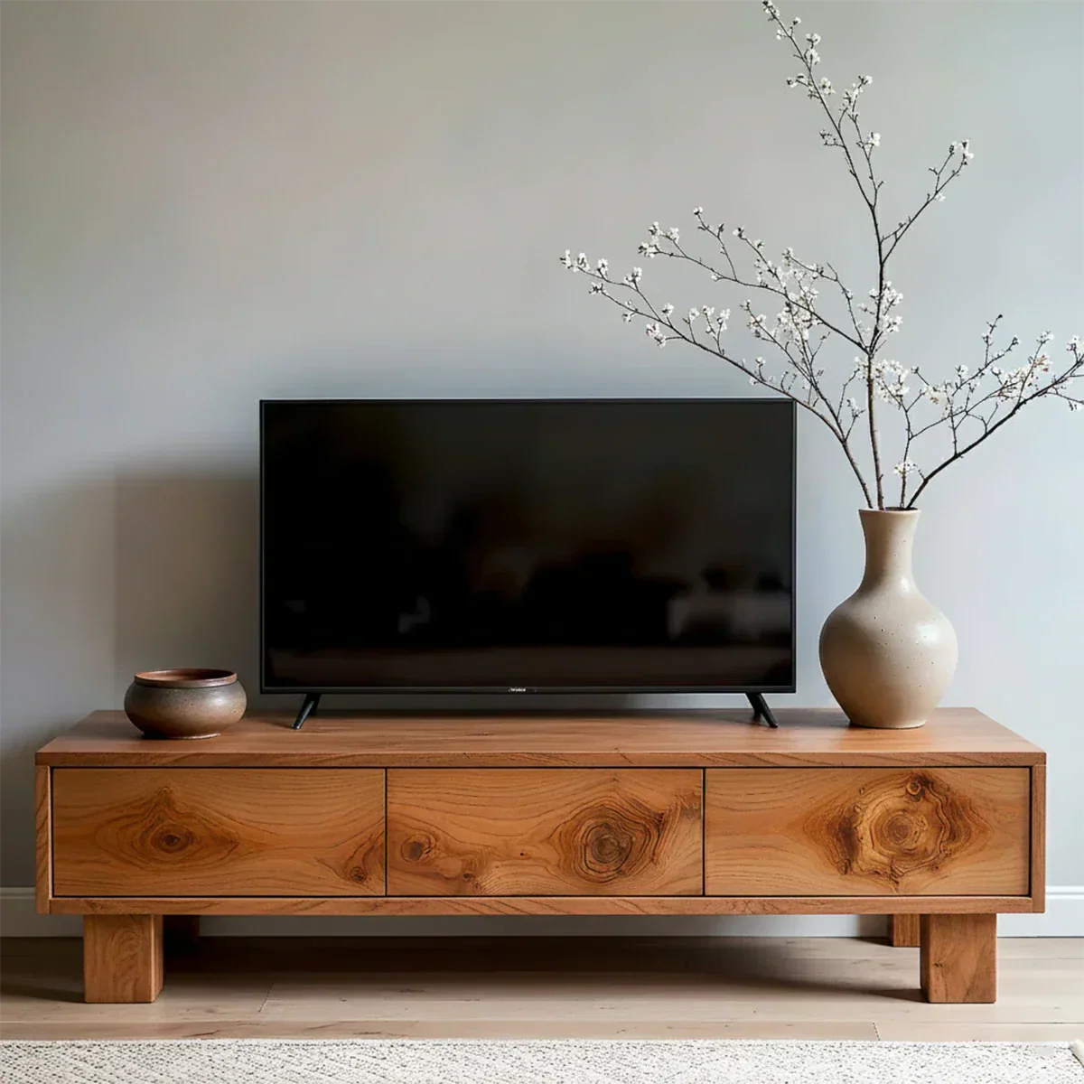 Solid Wood TV Stand – Minimalist Wabi Sabi Media Console with Natural Finish - Rustiracraft 
