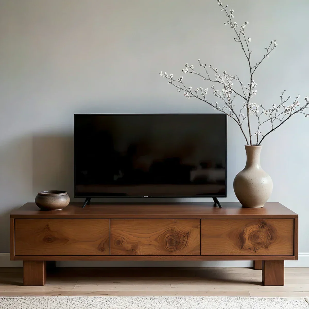 Solid Wood TV Stand – Minimalist Wabi Sabi Media Console with Natural Finish - Rustiracraft 