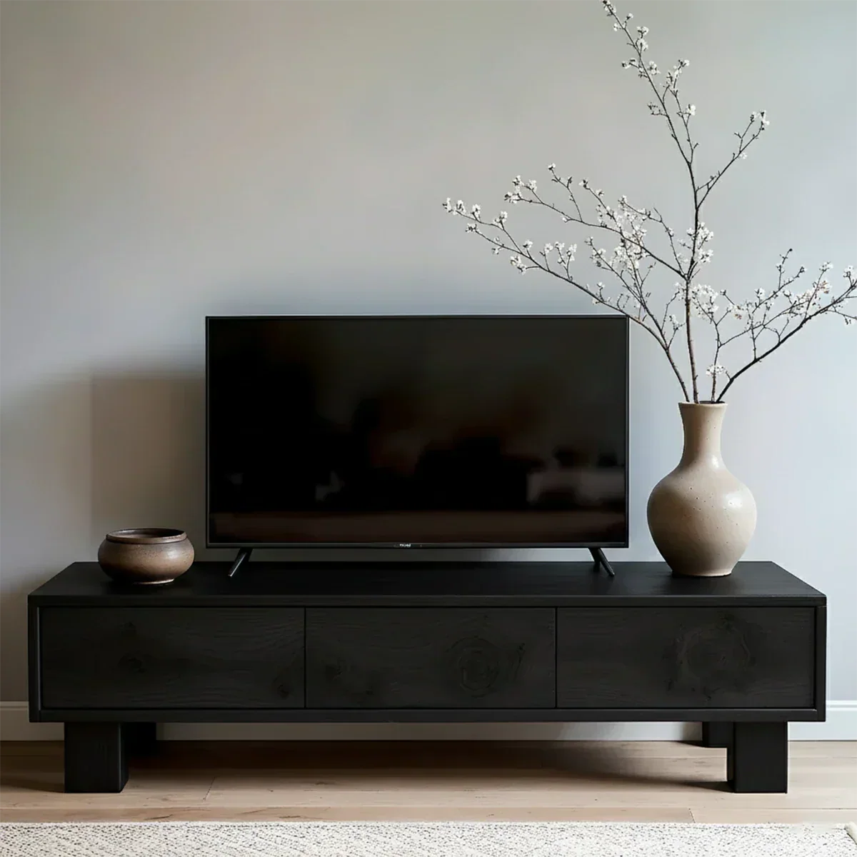 Solid Wood TV Stand – Minimalist Wabi Sabi Media Console with Natural Finish - Rustiracraft 