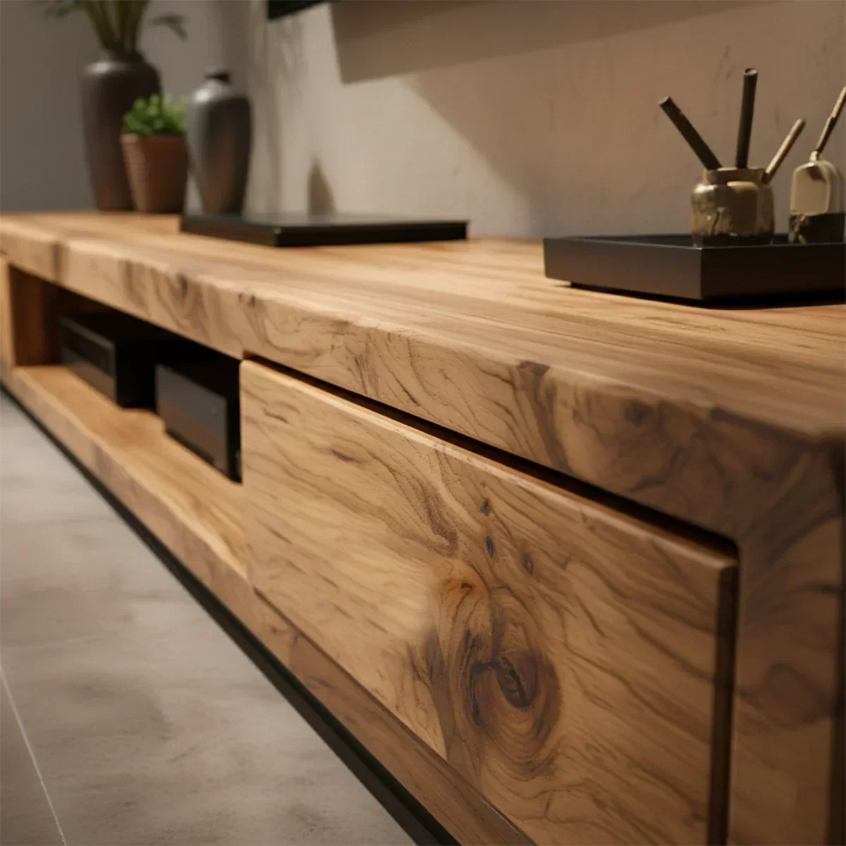 Solid Wood TV Stand – Modern Architectural Block Design - Rustiracraft 