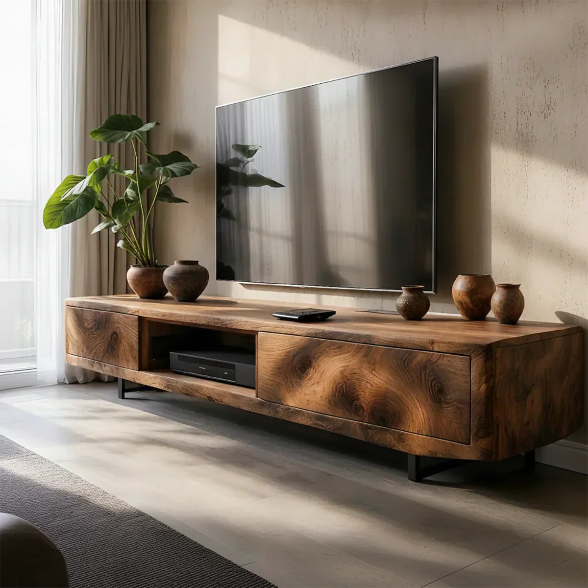 Solid Wood TV Stand – Modern Luxury Grainflow Design - Rustiracraft 