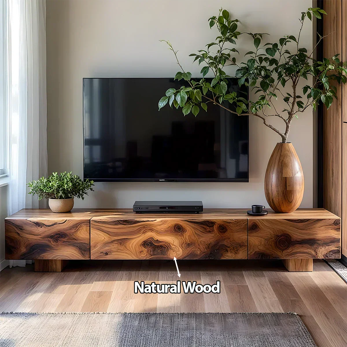 Solid Wood TV Stand – Natural Finish Wabi Sabi Media Console with Deep Grain Texture - Rustiracraft 