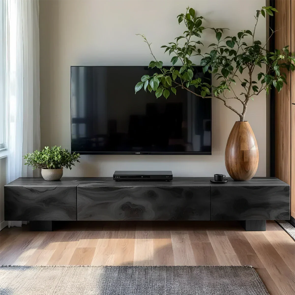 Solid Wood TV Stand – Natural Finish Wabi Sabi Media Console with Deep Grain Texture - Rustiracraft 