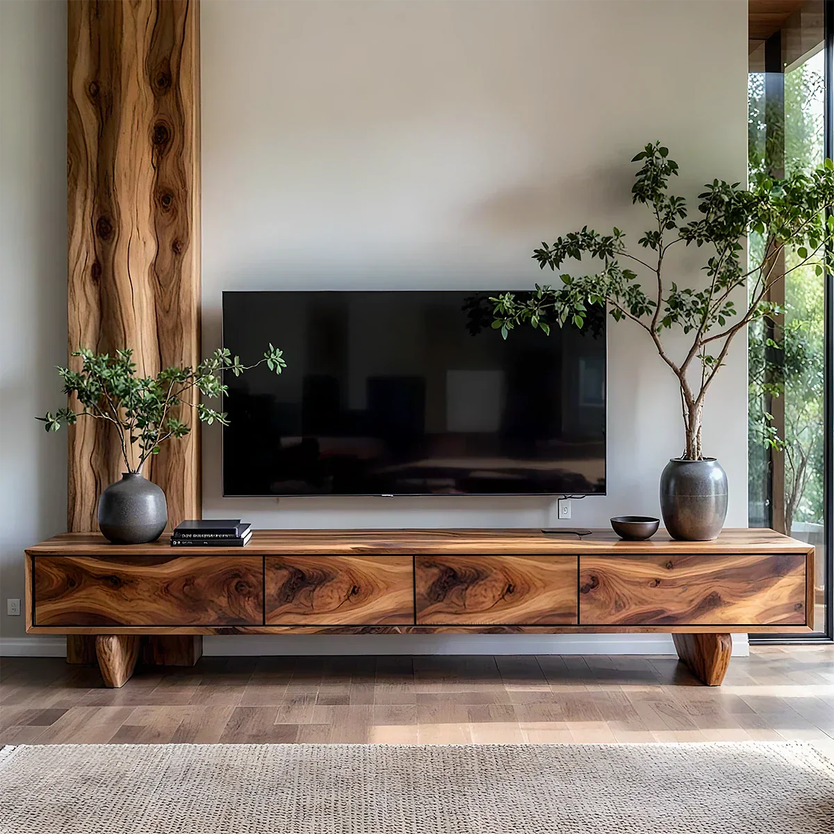 Solid Wood TV Stand – Wabi Sabi Media Console with Deep Natural Grain - Rustiracraft 