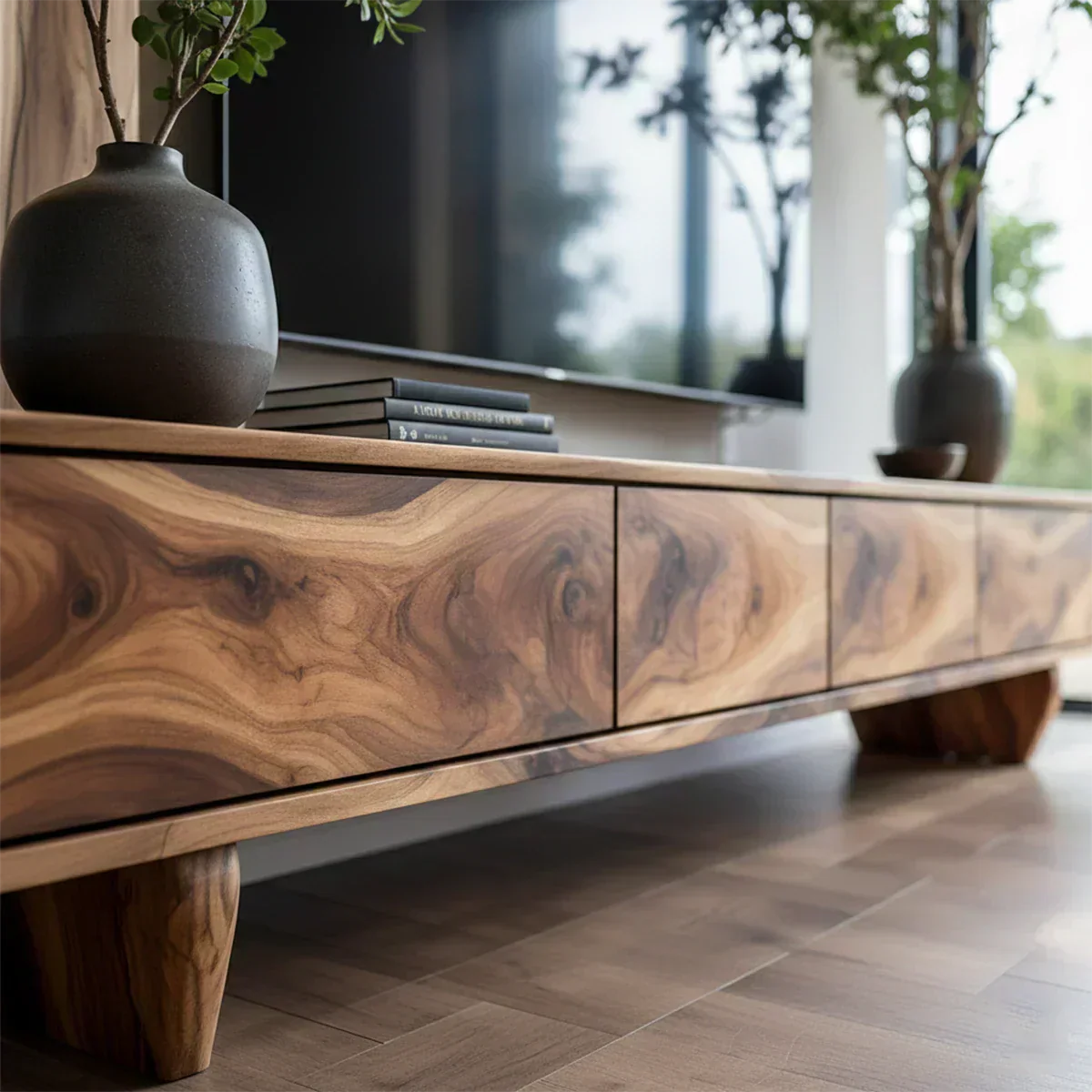 Solid Wood TV Stand – Wabi Sabi Media Console with Deep Natural Grain - Rustiracraft