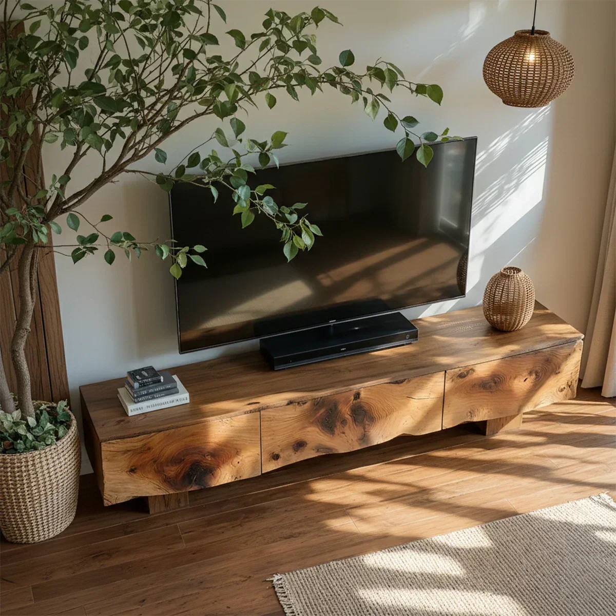 Solid Wood TV Stand – Wabi Sabi Media Console with Knotted Grain - Rustiracraft 