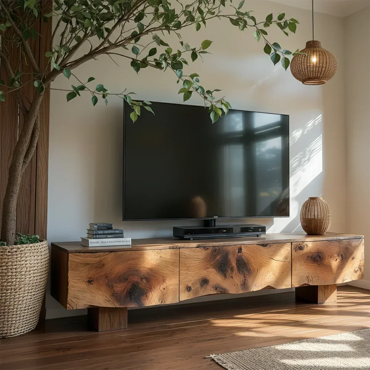 Solid Wood TV Stand – Wabi Sabi Media Console with Knotted Grain - Rustiracraft 