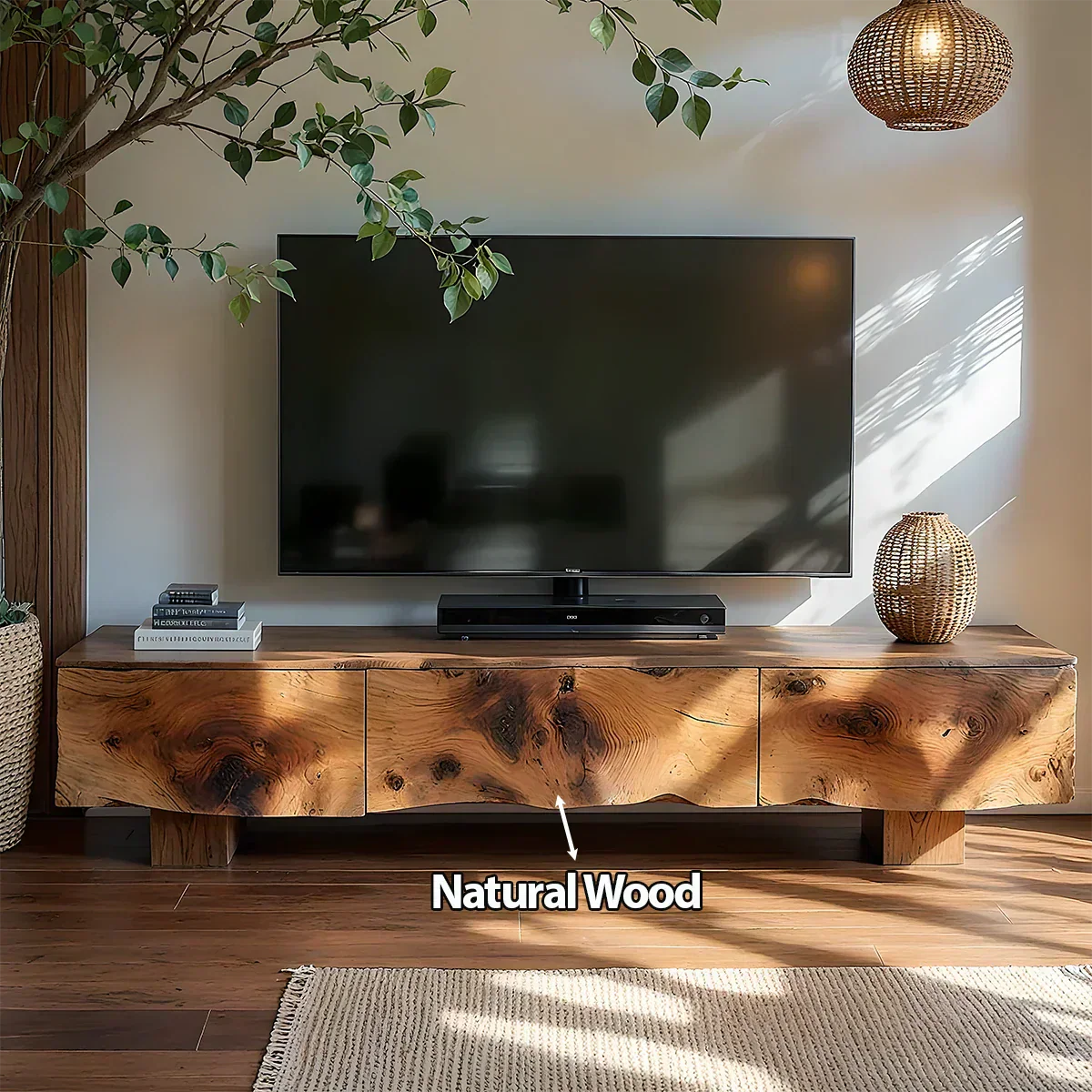 Solid Wood TV Stand – Wabi Sabi Media Console with Knotted Grain - Rustiracraft 