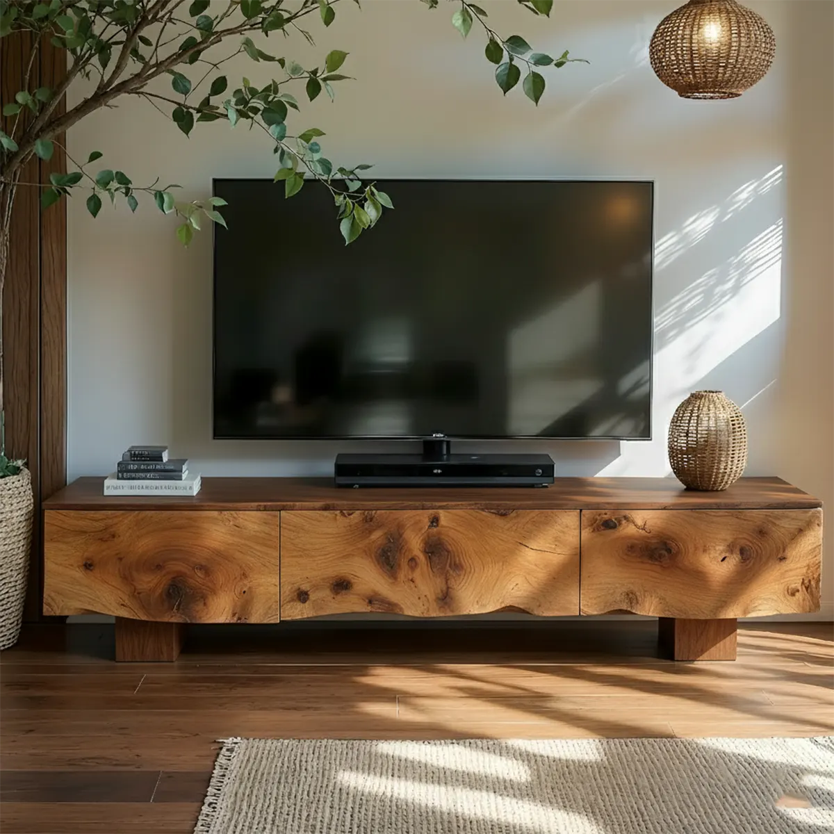 Solid Wood TV Stand – Wabi Sabi Media Console with Knotted Grain - Rustiracraft 