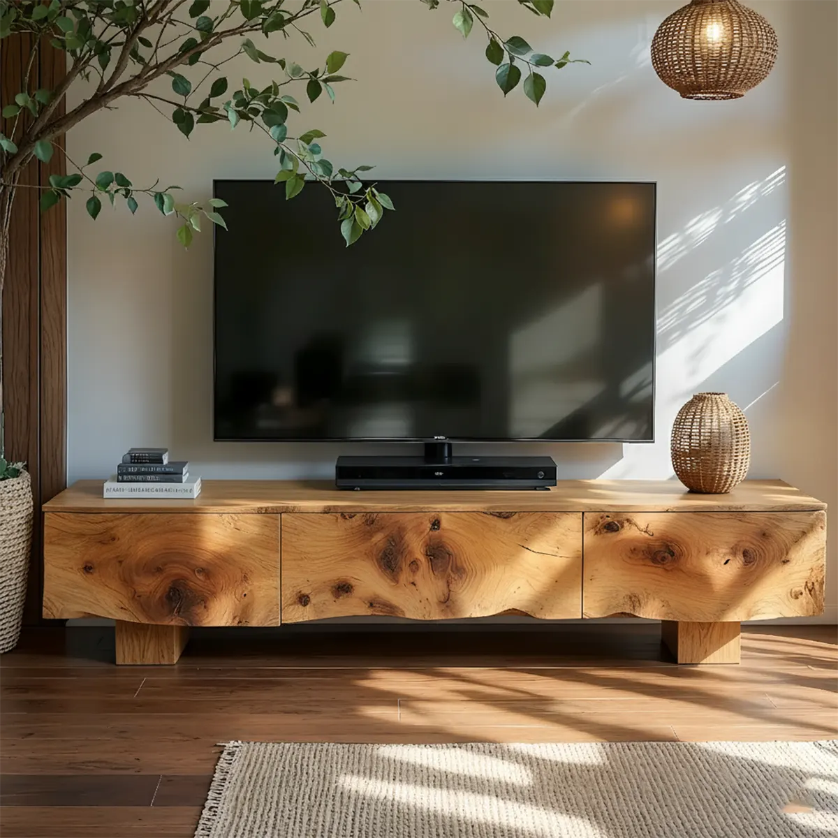 Solid Wood TV Stand – Wabi Sabi Media Console with Knotted Grain - Rustiracraft 