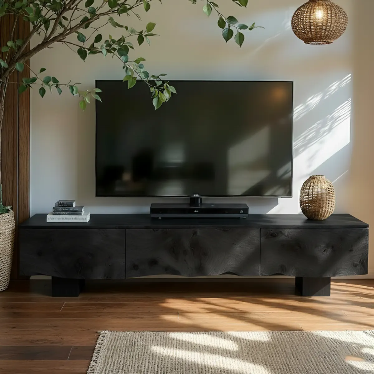 Solid Wood TV Stand – Wabi Sabi Media Console with Knotted Grain - Rustiracraft 