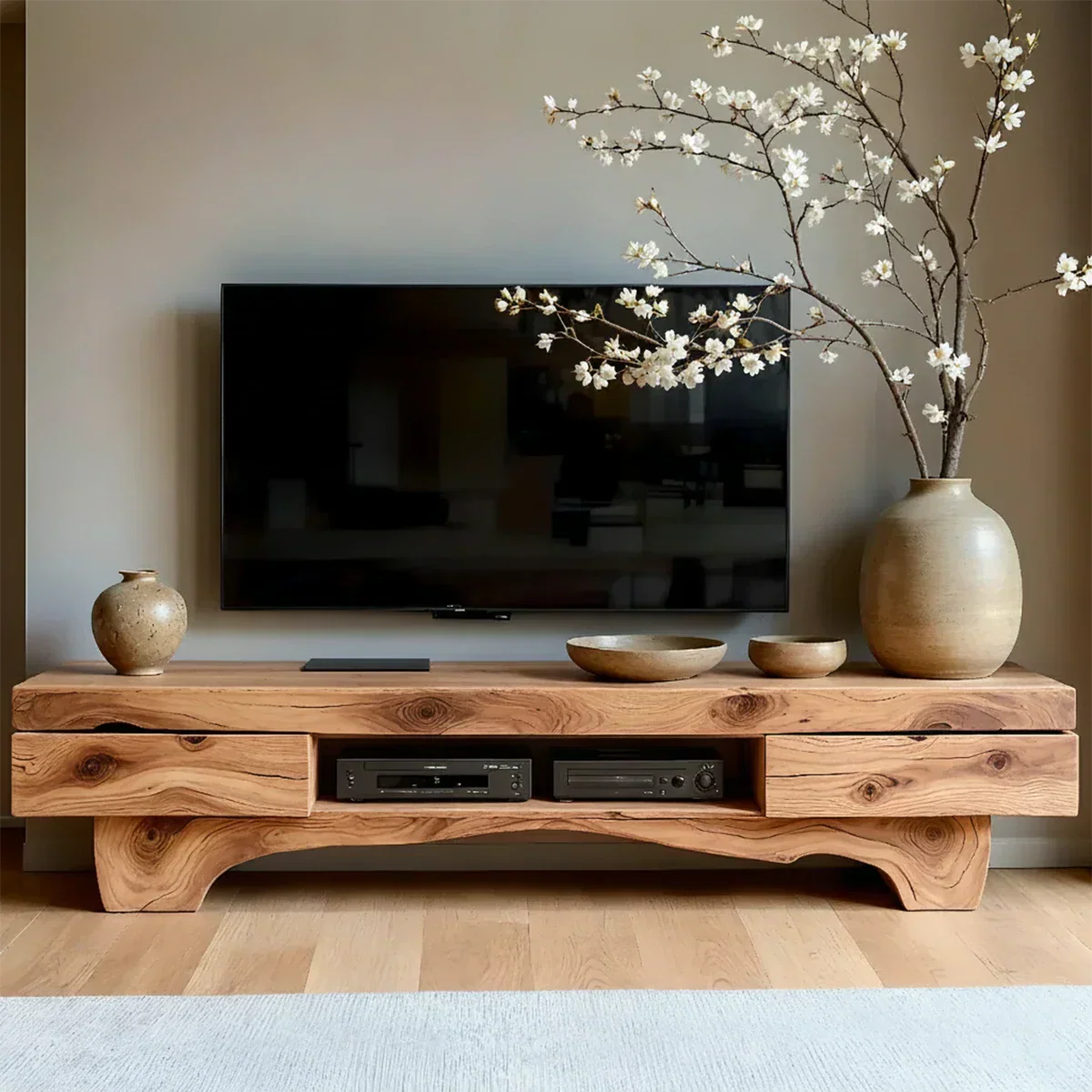 Solid Wood TV Stand – Wabi Sabi Media Console with Natural Finish & Handcrafted Details - Rustiracraft 