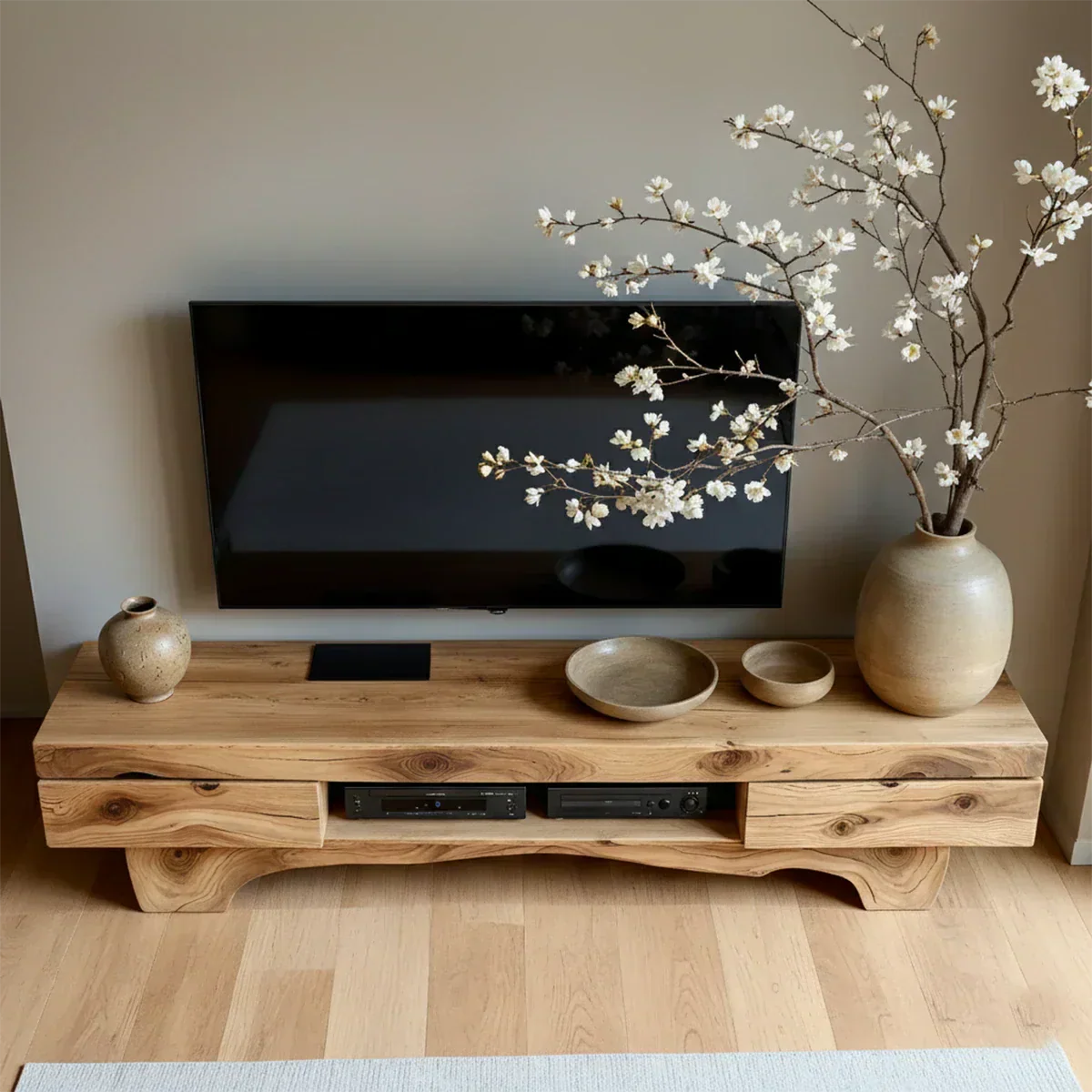 Solid Wood TV Stand – Wabi Sabi Media Console with Natural Finish & Handcrafted Details - Rustiracraft 