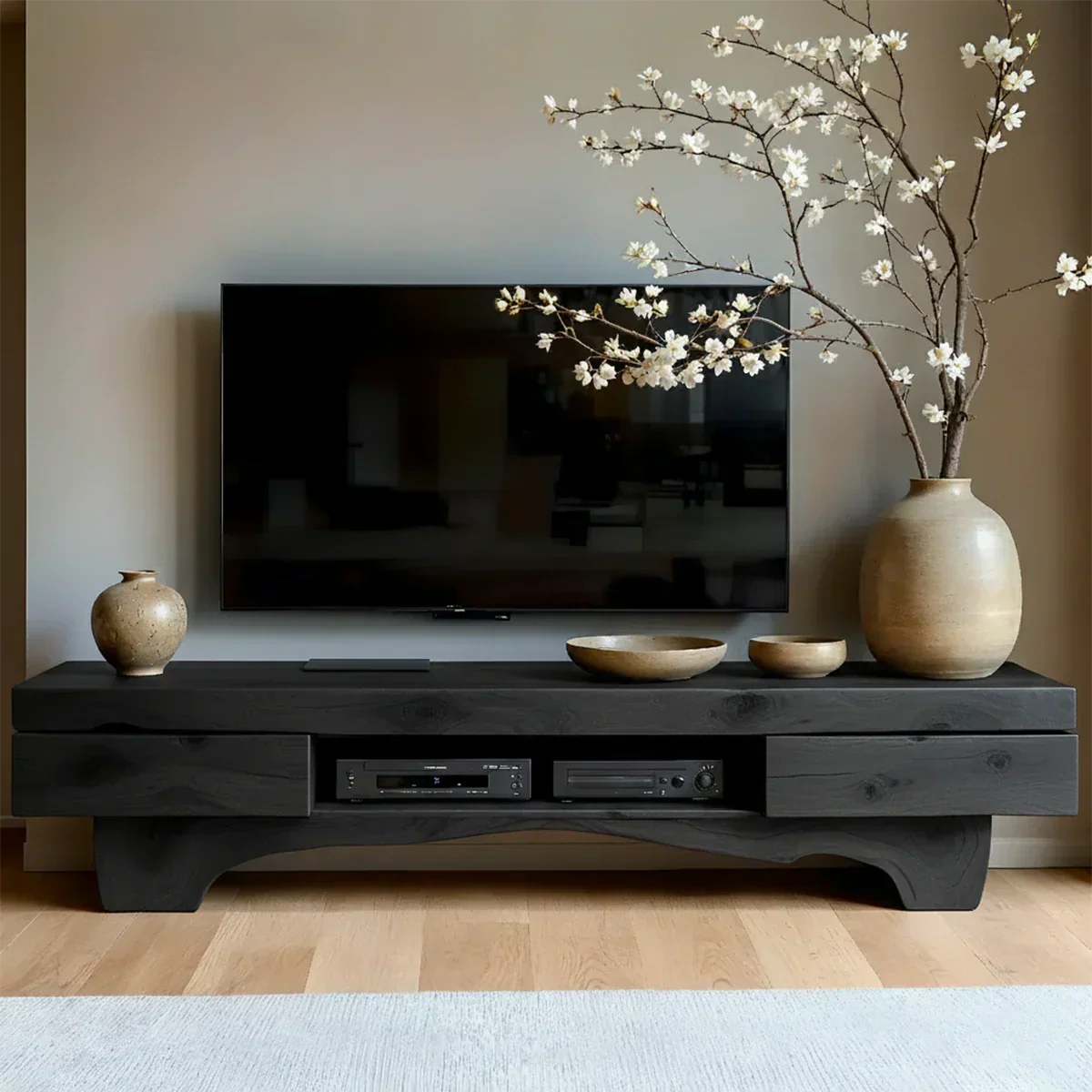 Solid Wood TV Stand – Wabi Sabi Media Console with Natural Finish & Handcrafted Details - Rustiracraft 