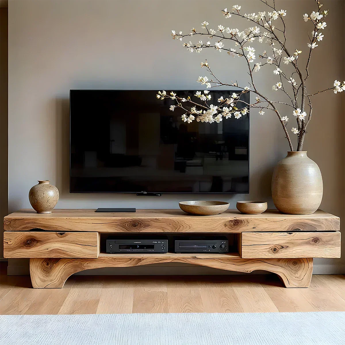 Solid Wood TV Stand – Wabi Sabi Media Console with Natural Finish & Handcrafted Details - Rustiracraft 