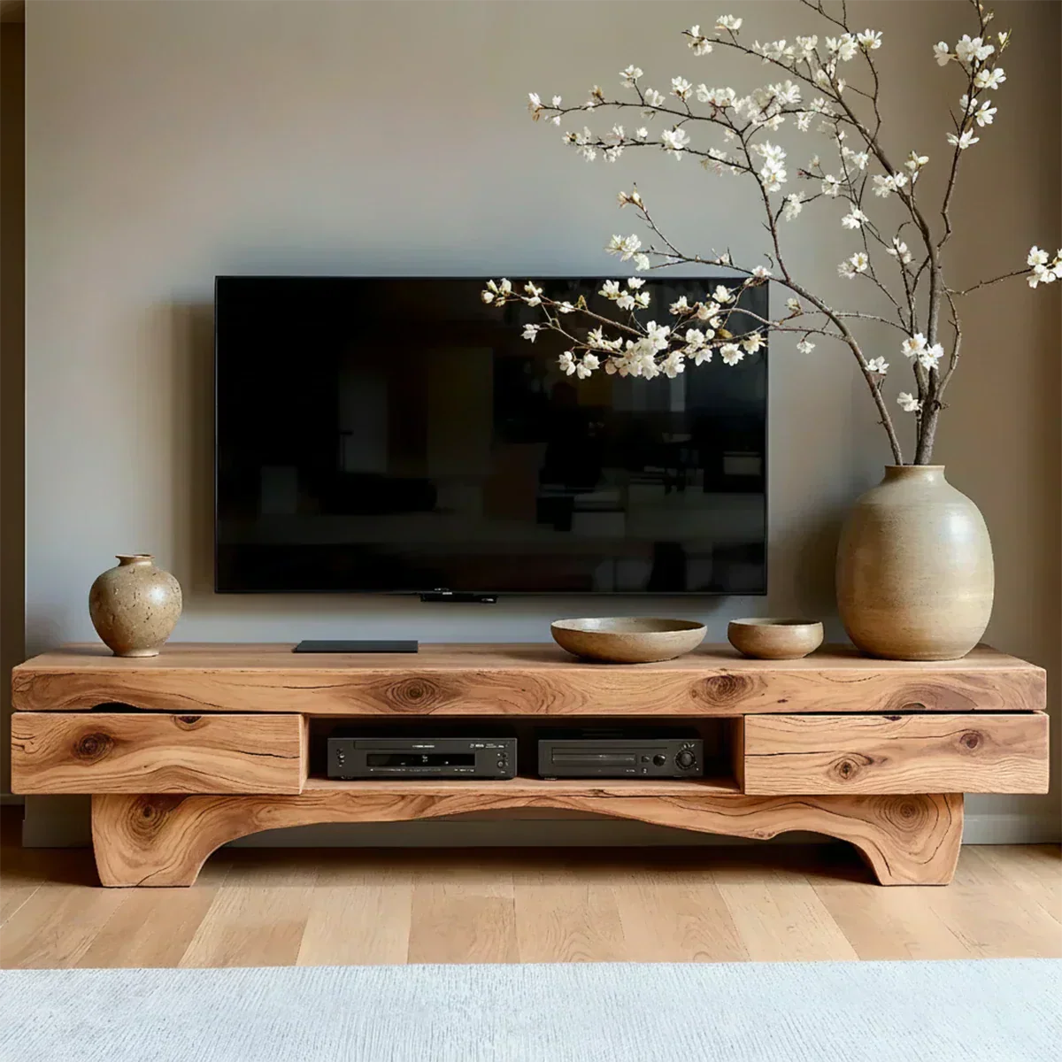 Solid Wood TV Stand – Wabi Sabi Media Console with Natural Finish & Handcrafted Details - Rustiracraft