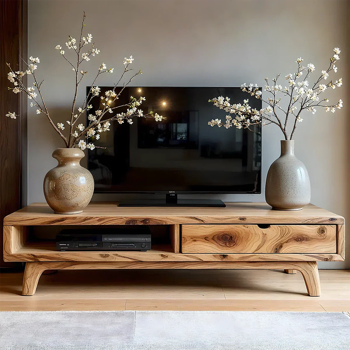 Solid Wood TV Stand – Wabi Sabi Media Console with Warm Natural Grain - Rustiracraft 