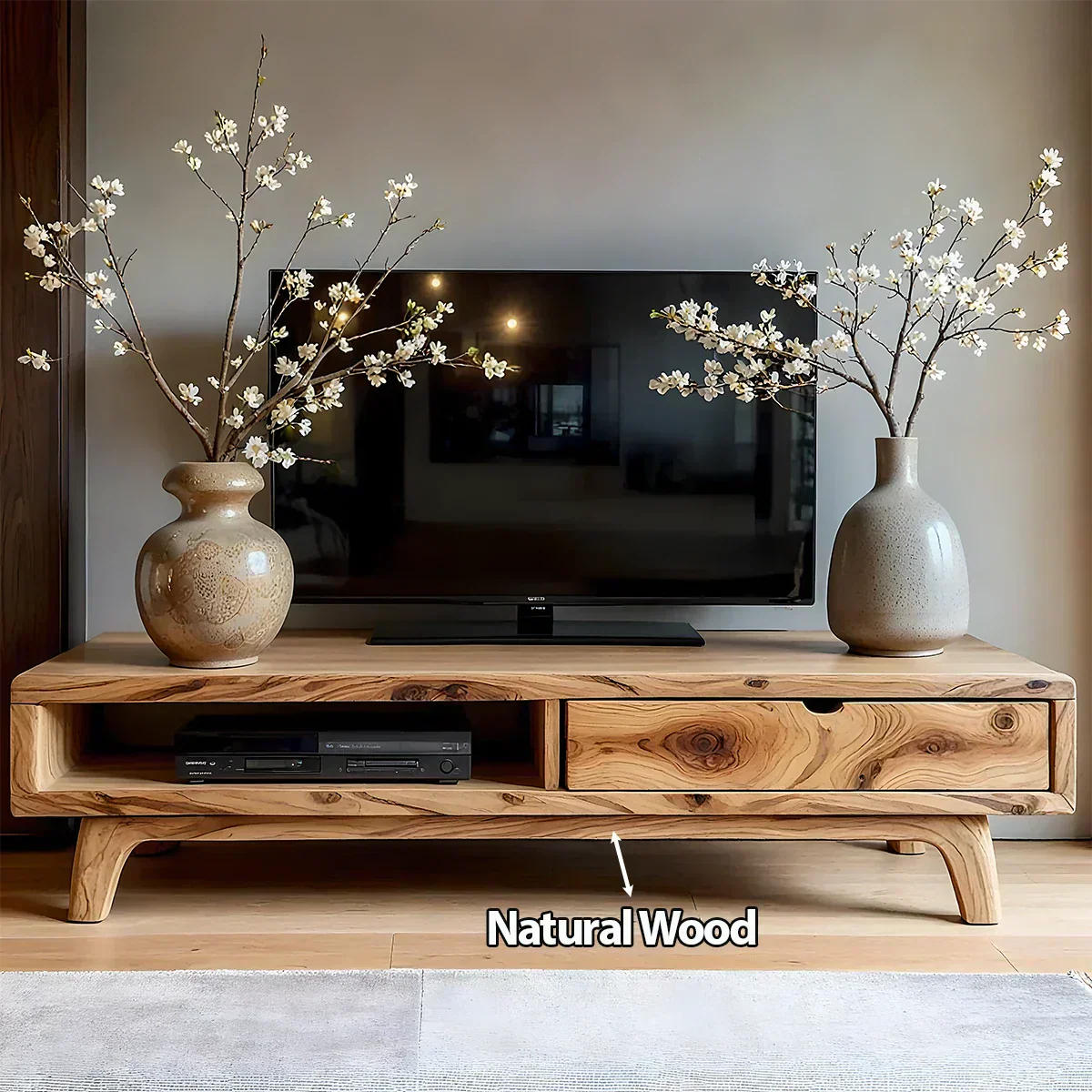 Solid Wood TV Stand – Wabi Sabi Media Console with Warm Natural Grain - Rustiracraft 