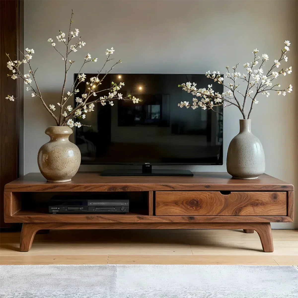 Solid Wood TV Stand – Wabi Sabi Media Console with Warm Natural Grain - Rustiracraft 