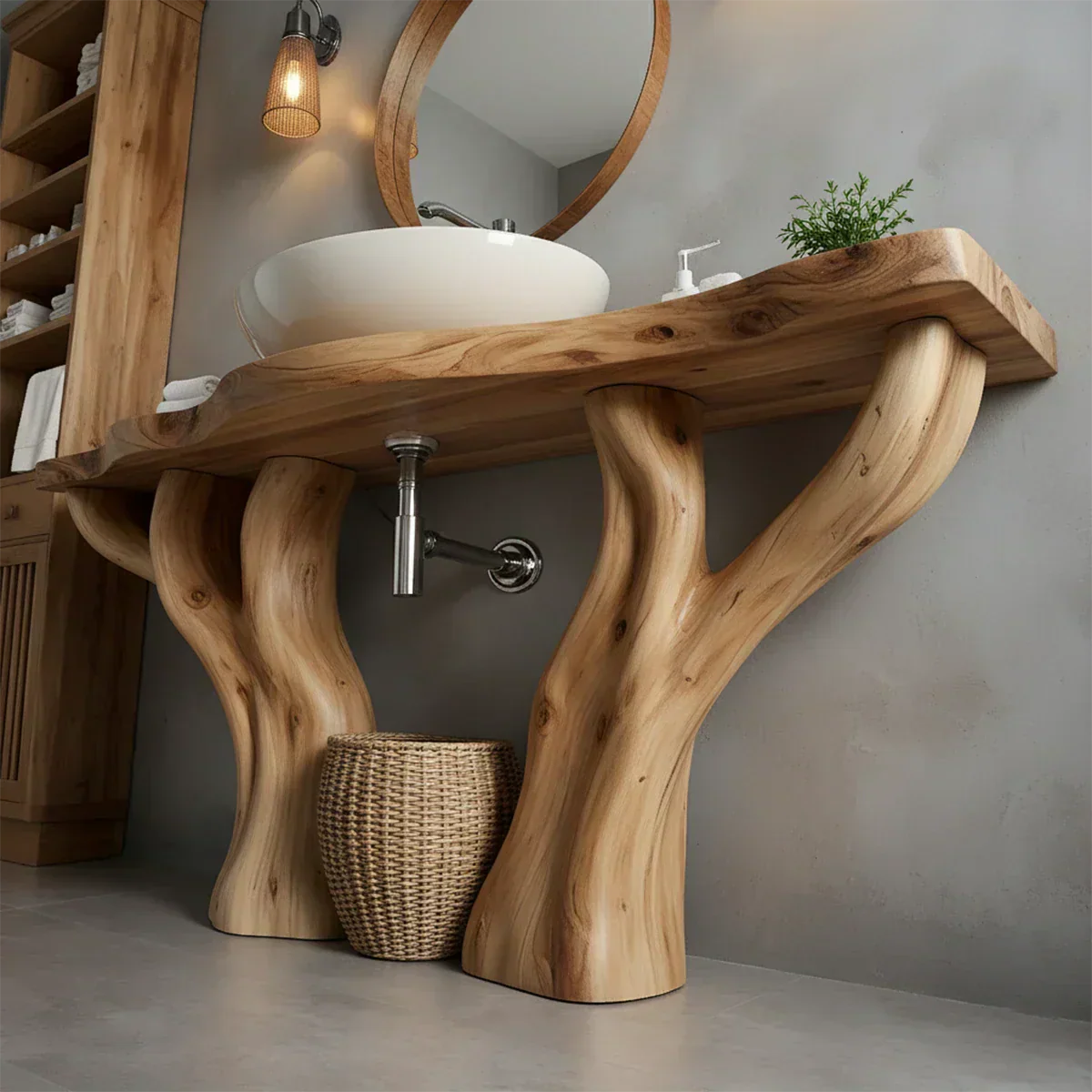 Solid Wood Tree-Form Bathroom Vanity – Natural Live-Edge Countertop - Rustiracraft 