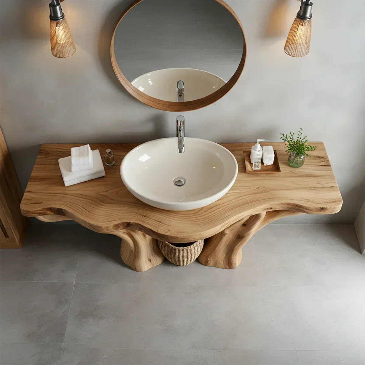 Solid Wood Tree-Form Bathroom Vanity – Natural Live-Edge Countertop - Rustiracraft 