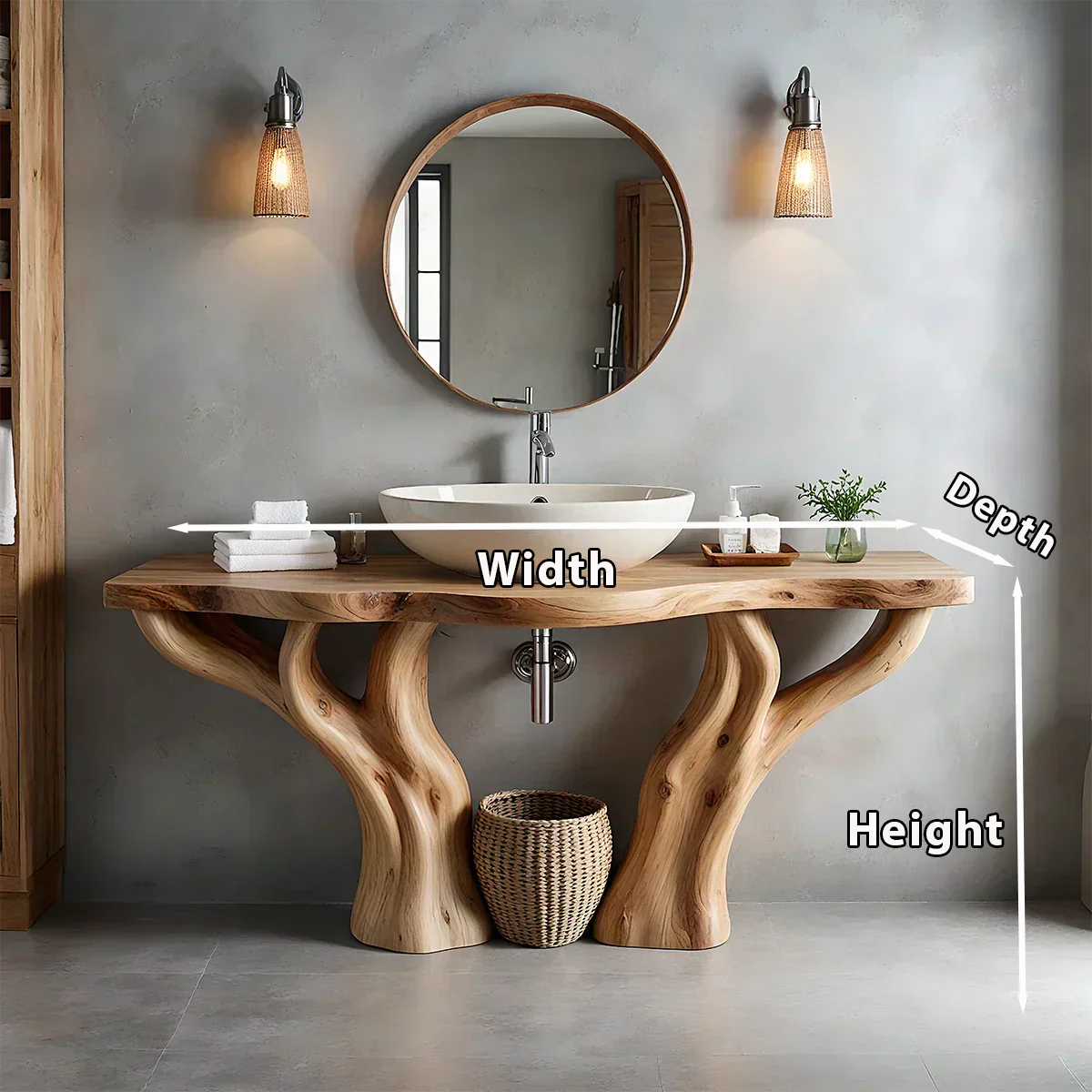 Solid Wood Tree-Form Bathroom Vanity – Natural Live-Edge Countertop - Rustiracraft 