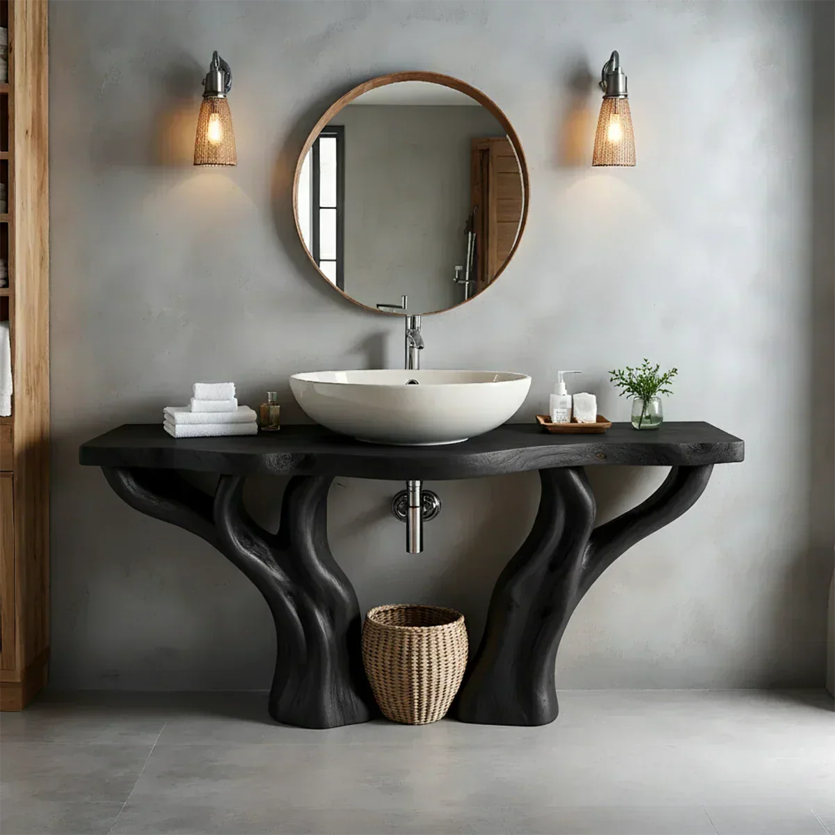 Solid Wood Tree-Form Bathroom Vanity – Natural Live-Edge Countertop - Rustiracraft 