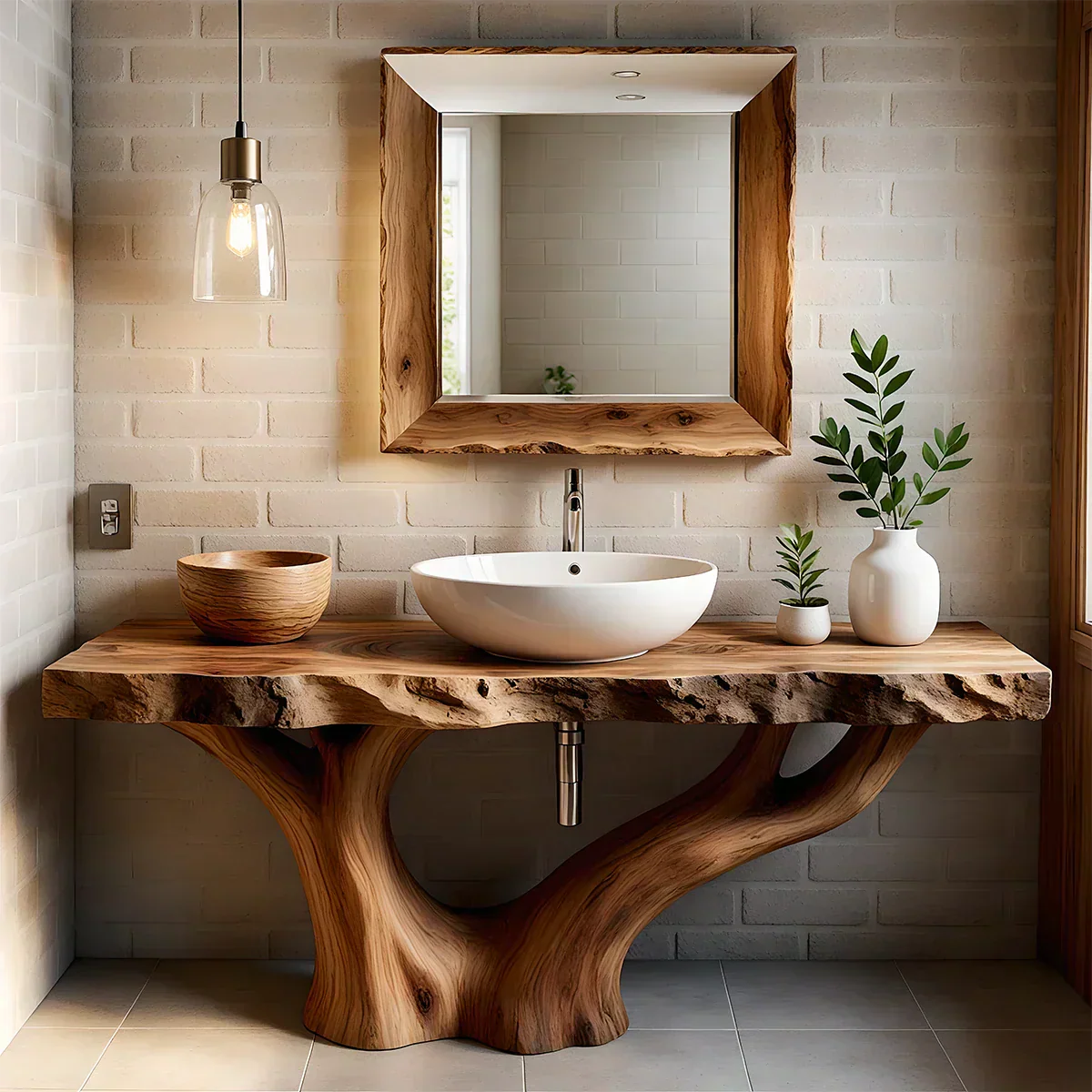 Solid Wood Tree Trunk Bathroom Vanity – Natural Live-Edge Design - Rustiracraft 