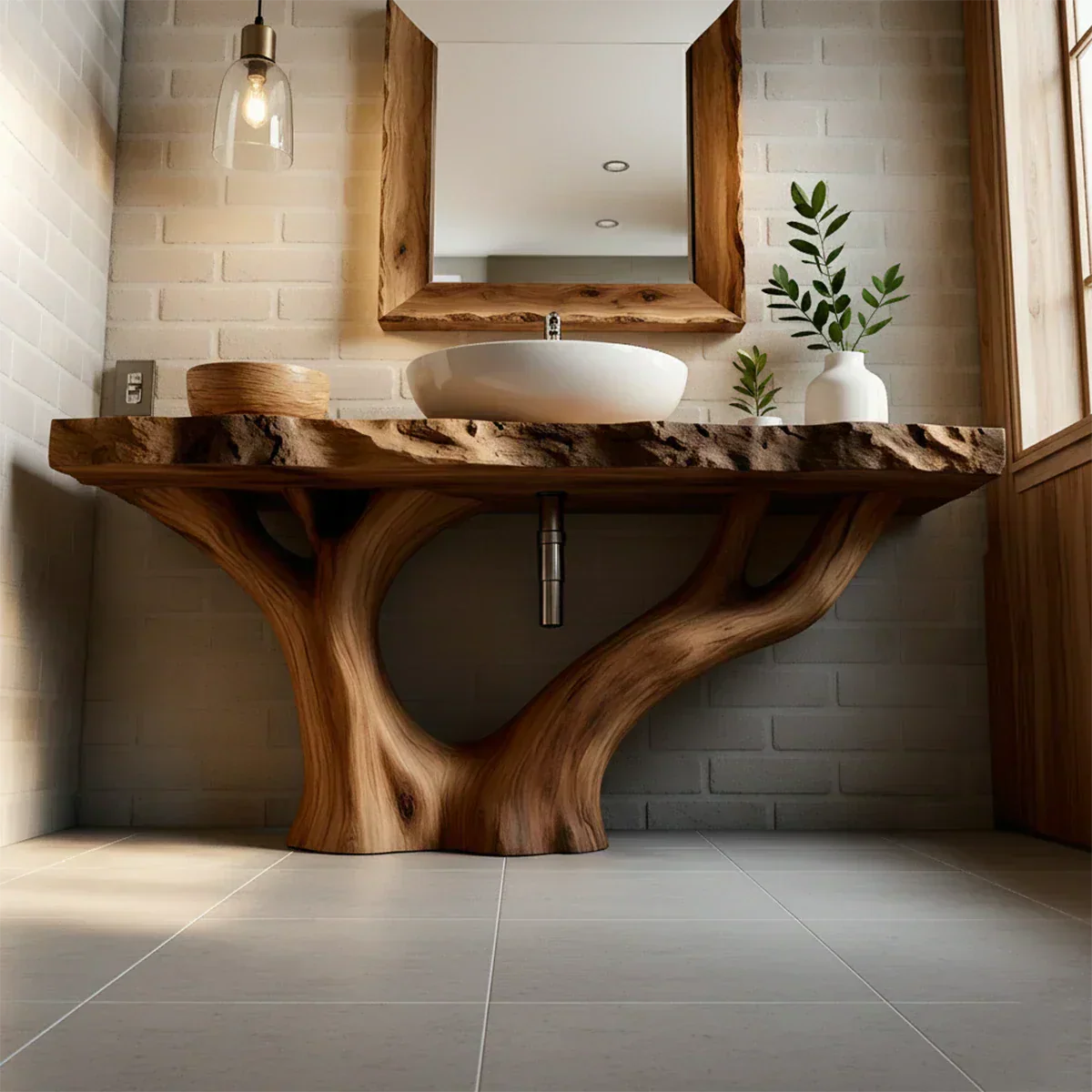 Solid Wood Tree Trunk Bathroom Vanity – Natural Live-Edge Design - Rustiracraft 