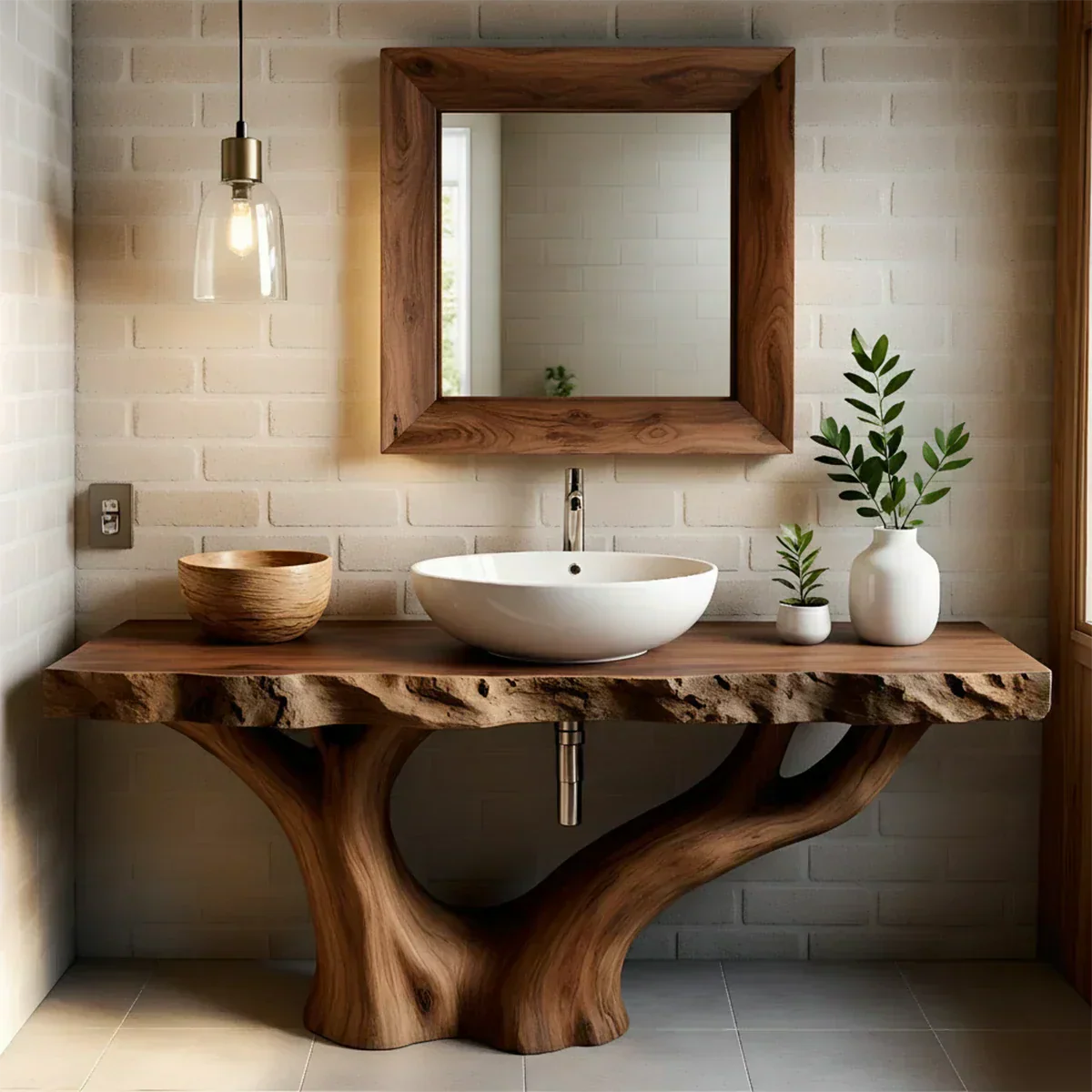 Solid Wood Tree Trunk Bathroom Vanity – Natural Live-Edge Design - Rustiracraft 
