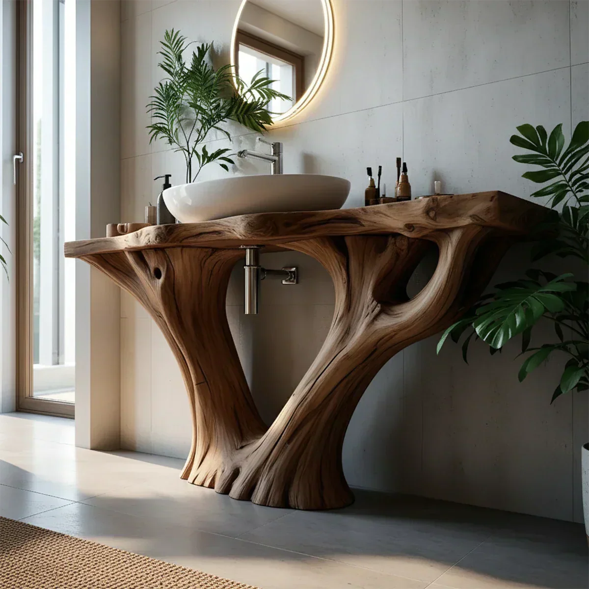 Solid Wood Tree Trunk Bathroom Vanity – Sculpted Live-Edge Base - Rustiracraft 
