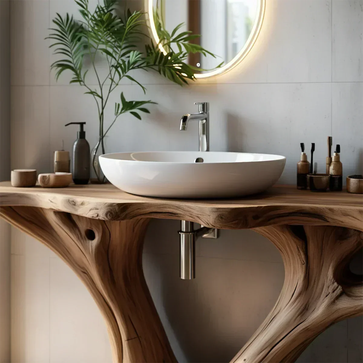 Solid Wood Tree Trunk Bathroom Vanity – Sculpted Live-Edge Base - Rustiracraft 