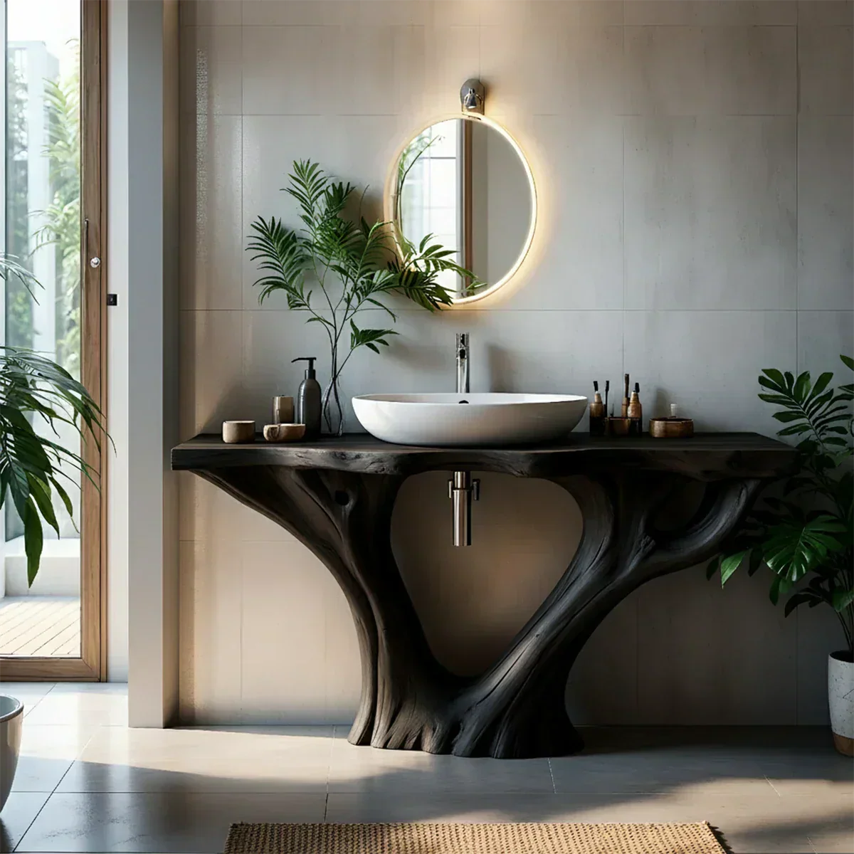 Solid Wood Tree Trunk Bathroom Vanity – Sculpted Live-Edge Base - Rustiracraft 