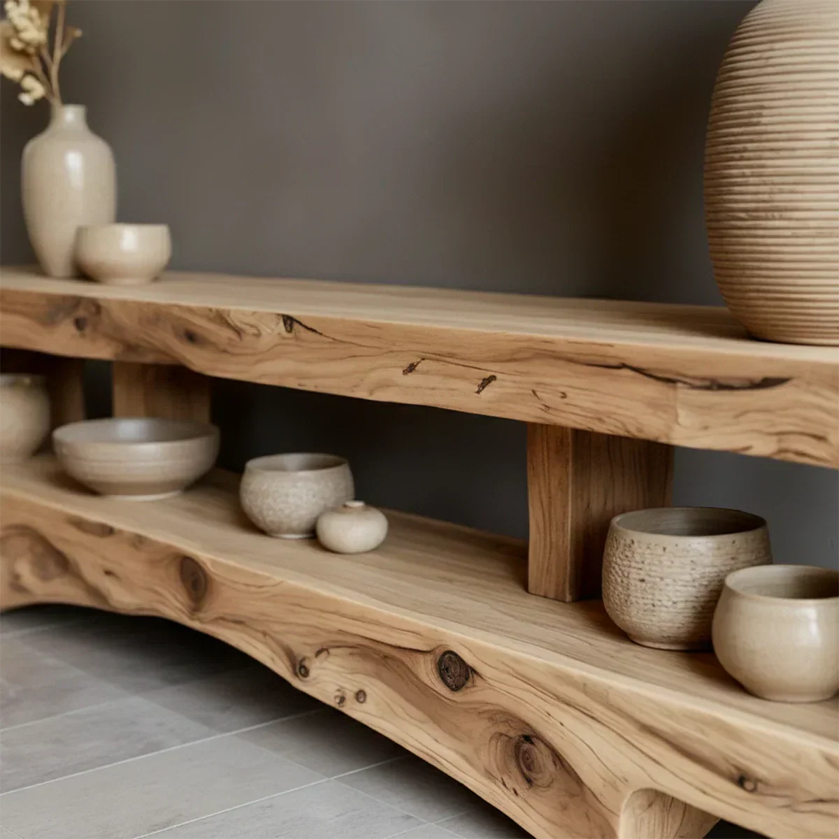 Solid Wood Wabi Sabi Console Table – Natural Finish Entryway & Living Room Shelf - Rustiracraft 