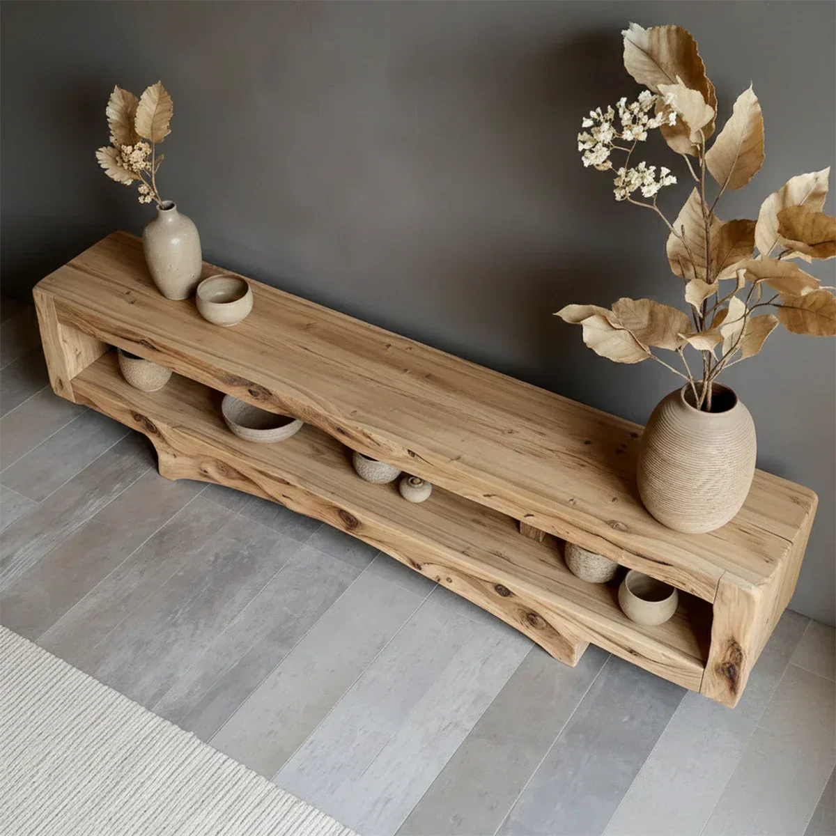 Solid Wood Wabi Sabi Console Table – Natural Finish Entryway & Living Room Shelf - Rustiracraft