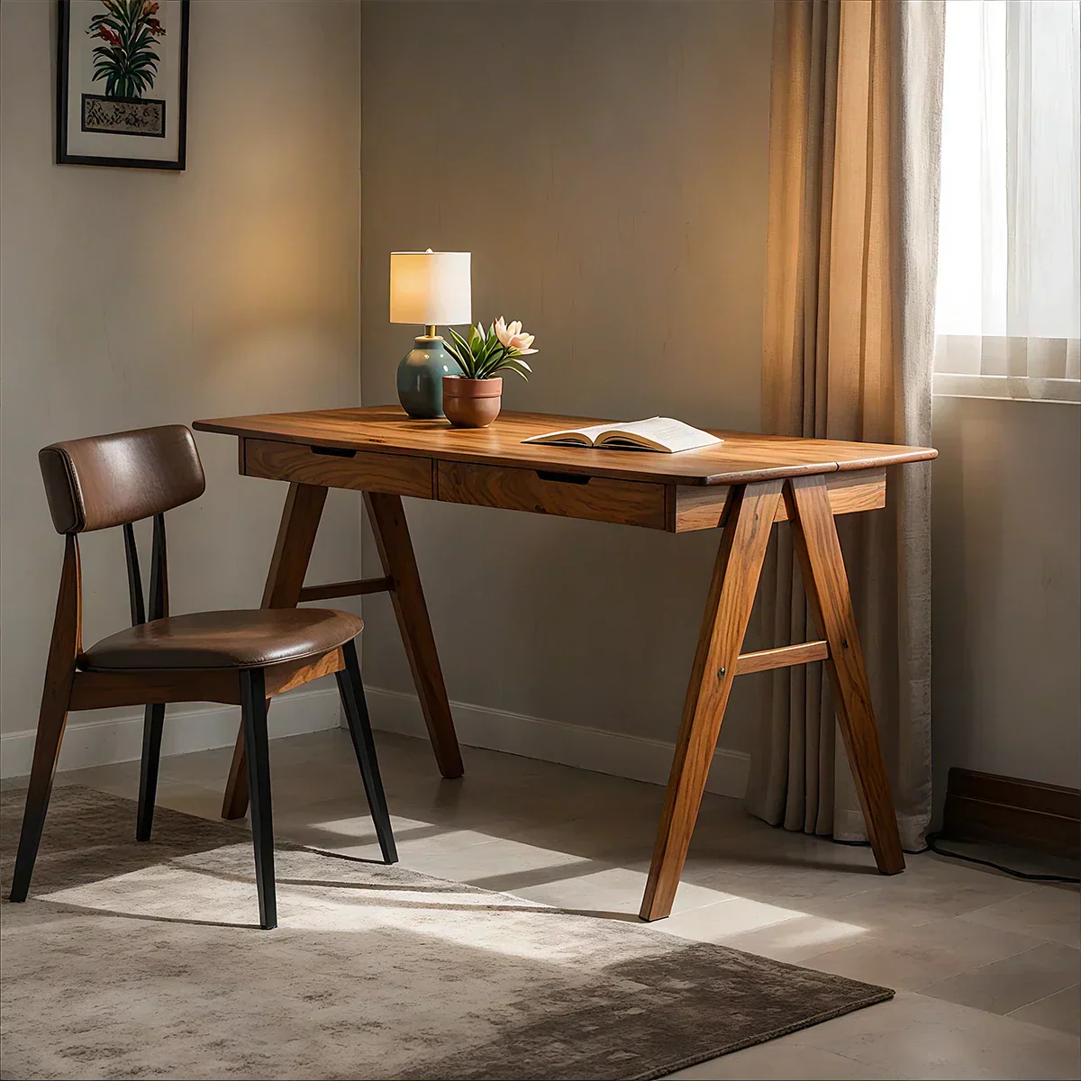 Solid Wood Writing Desk with A-Frame Legs & Dual Drawers - Rustiracraft