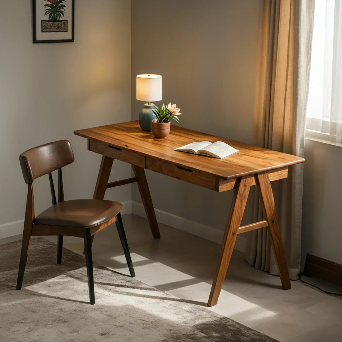 Solid Wood Writing Desk with A-Frame Legs & Dual Drawers - Rustiracraft