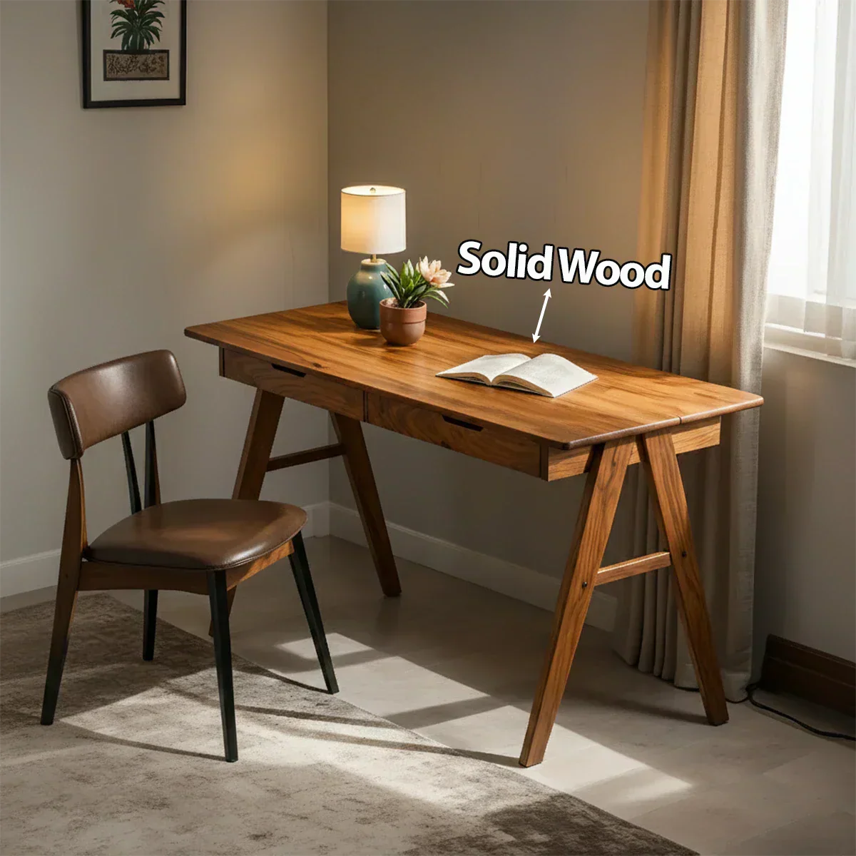 Solid Wood Writing Desk with A-Frame Legs & Dual Drawers - Rustiracraft