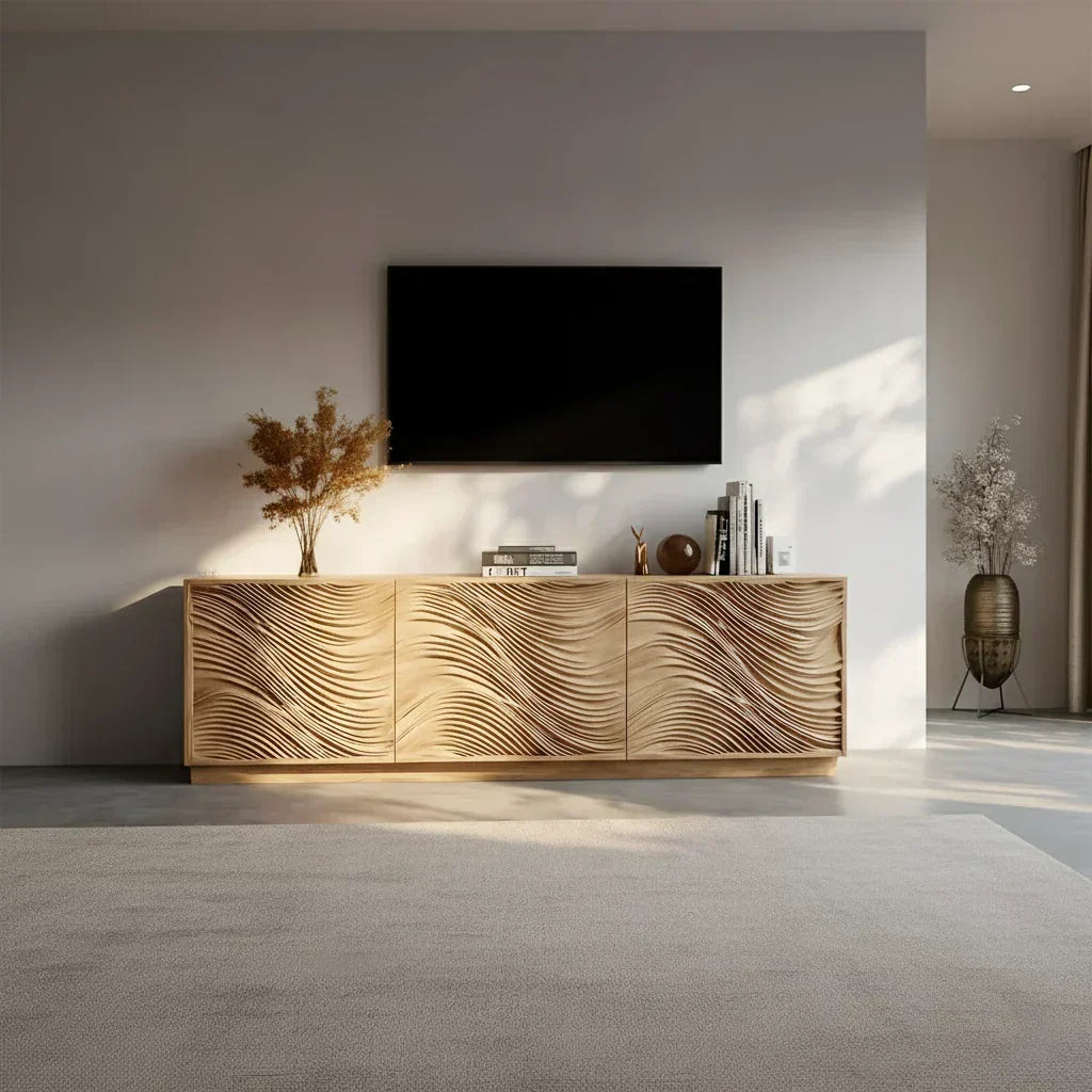 Sunlit Wave Carved Solid Wood TV Stand – Natural Breeze Edition - Rustiracraft 